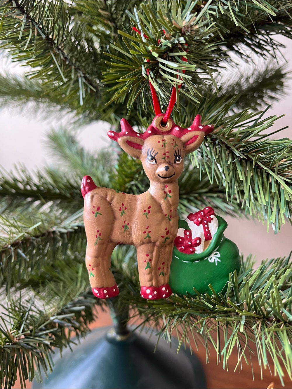Hand-Painted Tan and Red Reindeer Holiday Ornament